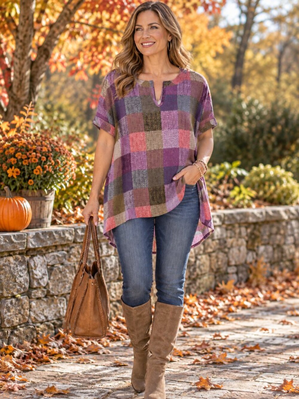 HONEYME Pink & Purple Patchwork-Look Blouse HiLo Hem Short Sleeves L